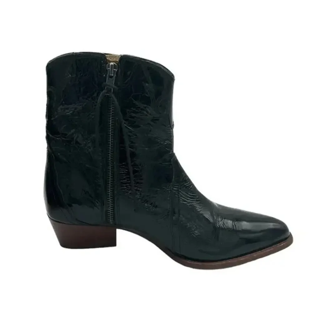 Free People New Frontier Western Boot Ankle Black Patent Leather Side Zip 40 9.5